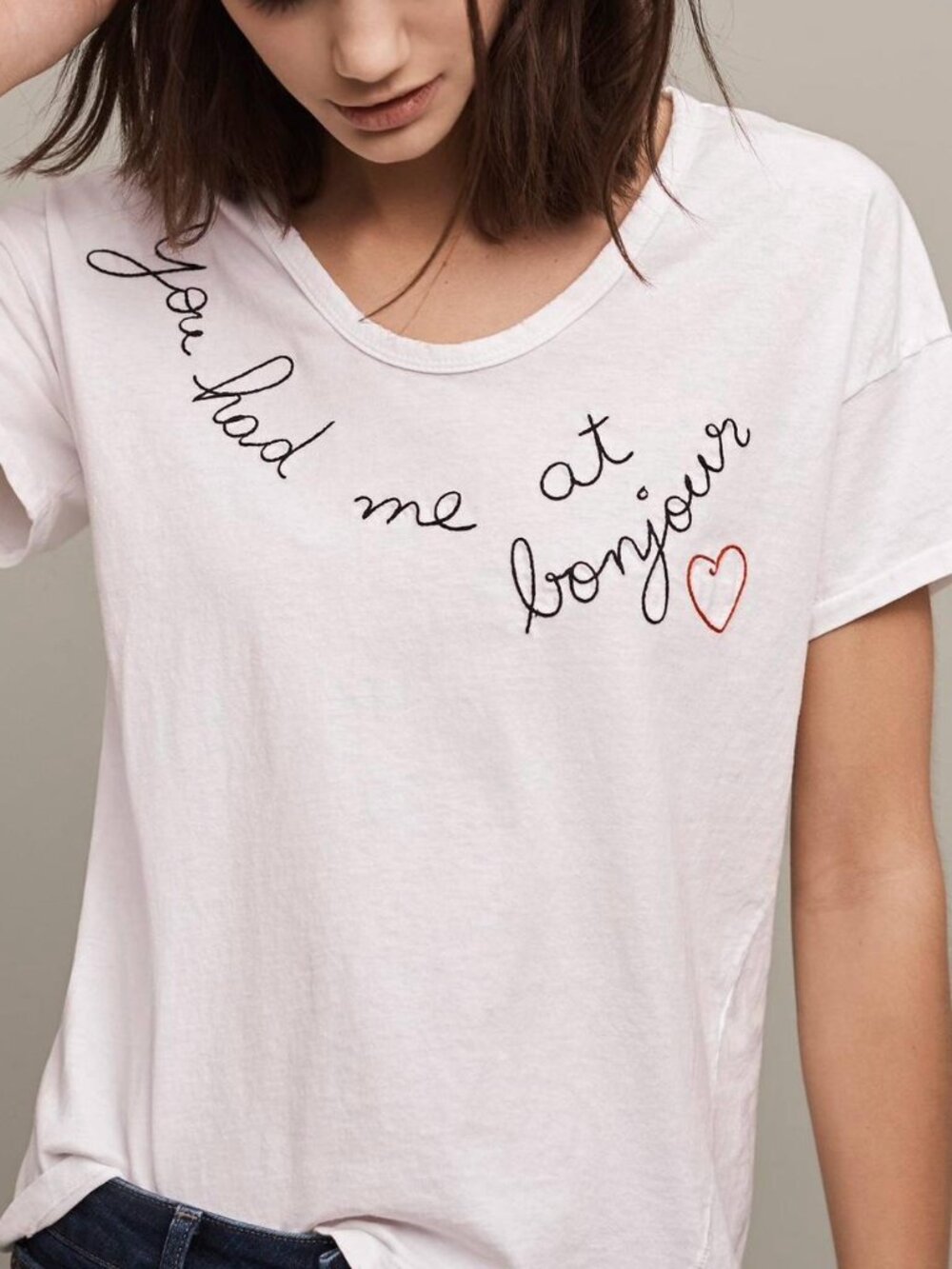 Anthropologie Sundry White Embroidered Shirt “You had me at bonjour” Size 2 / M